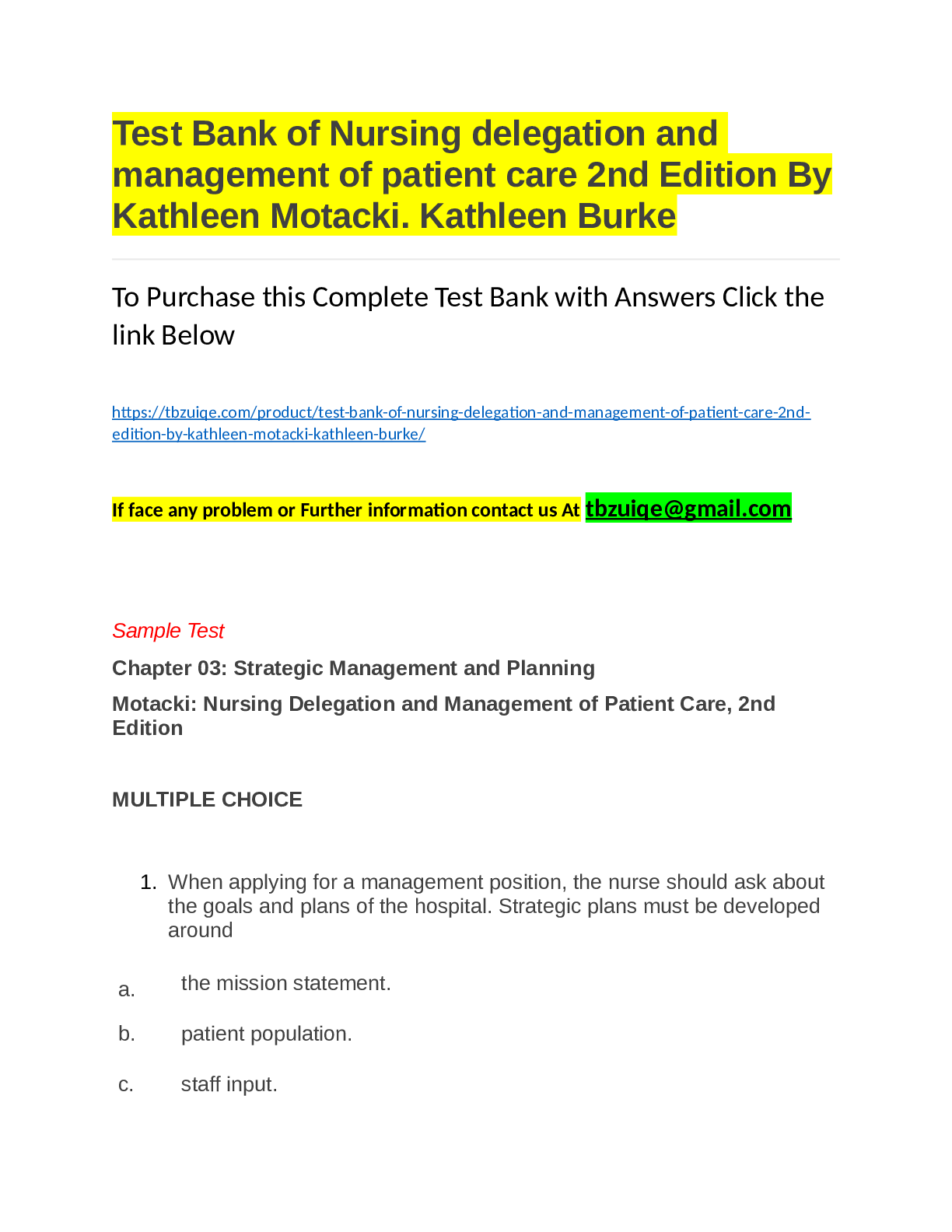 TEST BANK FOR NURSING DELEGATIONAND MANAGEMENT OF PATIENTCARE 2ND EDITION BY MOTACKI ALL CHAPTERS